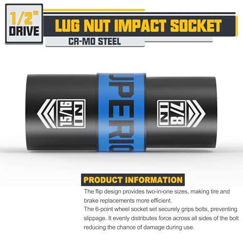 1/2" Drive Lug Nut Impact Socket, 7/8" x 15/16" Impact Socket, Flip Socket, Thin Wall Nut Socket, Cr-V Steel, Remove Bloated Warped or Damaged Lug Nuts - size: 7/8" x 15/16"