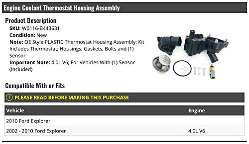 Marketplace Auto Parts, Engine Coolant Thermostat Housing Assembly Kit with Gaskets and Bolts - Compatible with 2002-2010 Ford Explorer 4.0L V6