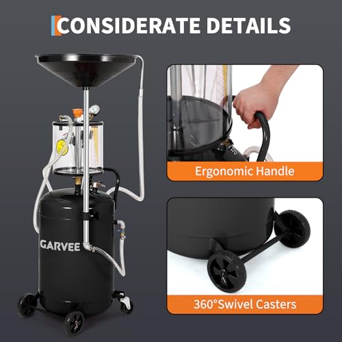 Garvee 20 Gallon Waste Oil Drain Tank, Air Operated Portable Oil Drainer with Adjustable Funnel, Fluid Fuel Transfer Drainage with Wheels, Oil Change Container for Automotive Workshops - size: 20 Gallon - Measuring Cup - Black