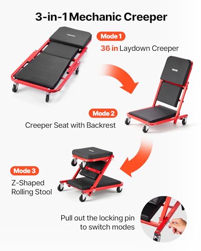 VEVOR 36 in 3-in-1 Folding Mechanic Creeper, Z-Creeper Garage Roller, 340 lbs Under Car Rolling Creeper with 6 Swivel Casters, Padded Headrest, Lay Down or Sit for Auto Repair - color: Red+Black, size: 36 inch-3 in 1