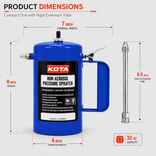 LAUCO Non Aerosol Pressure Sprayer - Refillable Pressurized Sprayer Bottle for Oil, Solvent, Degreasers, Lubricants - Rechargeable Steel Canister with Brass Nozzles, 32oz. (1, Blue) 69533 - color: Blue