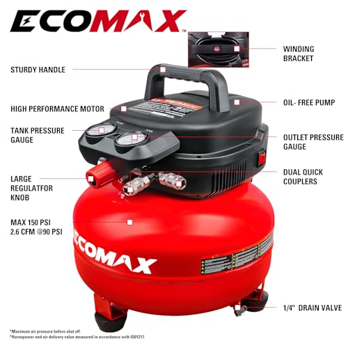 ECOMAX 6 Gallon Pancake Air Compressor 150PSI, 2.6 CFM @ 90 PSI Red