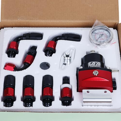 LokoCar 6AN Adjustable Fuel Pressure Regulator Kit Oil Gauge Hose Red - color: Red
