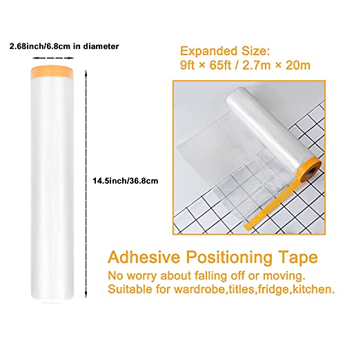 Muf 9 x 65 Feet Plastic Drop Cloth Plastic Sheeting with Masking Tape,Waterproof Protective Masking Film,Prevent Dust Paint for Car,Furniture,Carpet,Floor,1 Pack - size: 9 × 65 feet