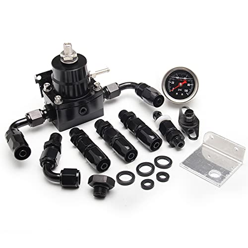 EFI Fuel Pressure Regulator Kit with 0-100psi Pressure Gauge AN6-6AN Aluminum Adjustable Universal Fuel Line Hose Fitting Connectors Kit Black HTRACING - color: Black