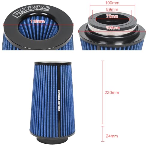 Universal 3/3.5/4" (75/89/100mm) High-Flow Air Filter, Reusable Cone Cold Air Intake, High Performance, Clamp-On Car High Flow Air Kit, Flange Diameter: 3/3.5/4 Inch, Height: 10 Inch, BLUE - color: BLUE