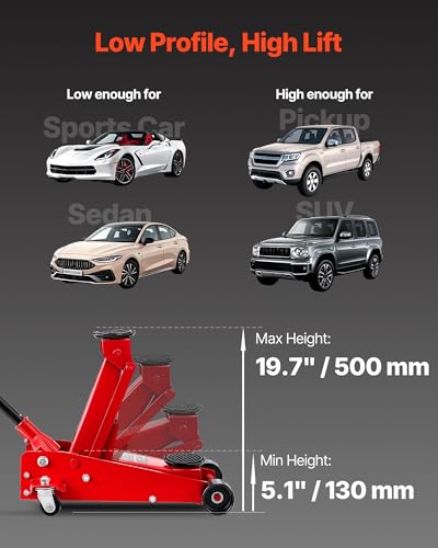 VEVOR 3 Ton Low Profile Floor Jack, Steel Racing Floor Jacks with Single Piston Quick Lift Pump, Hydraulic Trolley Car Jack for Sport Utility Vehicle, SUVs, Pickups, Lifting Range 5.1"-19.7" - color: red