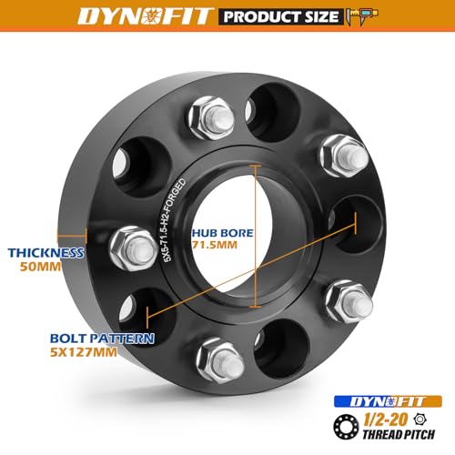 dynofit 2in Wheel Spacers 5x5 for 2007-2018 Wrangler JK/JKU, 5x127mm Hub-Centric 71.5mm Thread 1/2"-20 for 1999-2010 Grand Cherokee WJ/WK, 2005-2010 Commander XK, Real Forged Aluminum Spacer, 4Pcs - size: 2 inch - 1/2-20 Studs