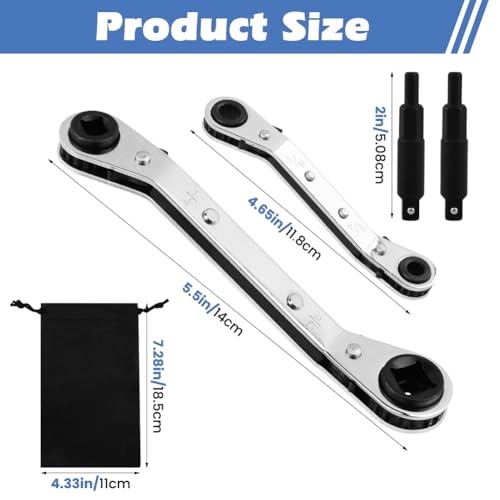 2Pcs HVAC Service Wrench Set, Air Conditioner Valve Ratchet Wrench 3/16” to 3/8” 5/16'' x 1/4'' with 2 Hexagon Bit Adapter Kit, for Air Refrigeration and Equipment Repair Tools