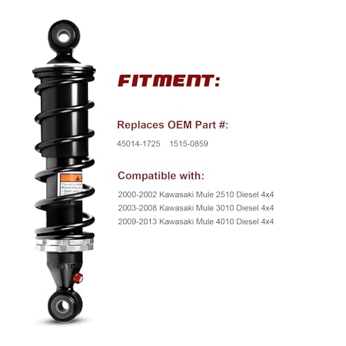 Monotube Rear Shocks, Shock Absorber, Struts for Kawasaki Mule 2510 Diesel(2000-2002) ; 2003-2008 3010 Diesel; 2009-2013 4010 Diesel; OEM#: 45014-1725, 1515-0859; Amortiguadores para Kawasaki Mule