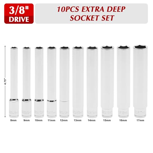 EMENTOL 10PCS 3/8-Inch Drive Metric Deep Socket Set, 8-17MM Deep Sockets, Extra Long, 6-point, Cr-V Steel - size: 3/8" Drive Metric (8-17mm)