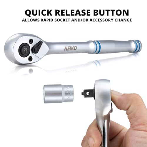 NEIKO 3/8 Inch Ratchet Wrench, 100-Tooth Reversible, 3.6 Degree Swing, Quick Release, 8" Long Handle, Silver Chrome Vanadium Steel - size: 3/8" Drive, style: Ratchet