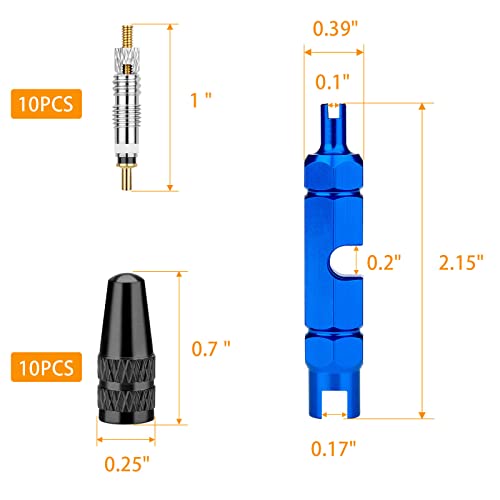 Presta Valve Core Bike Kit - 21 Pieces, Stem Removal Tool, Brass Valve Cores and Stem Caps