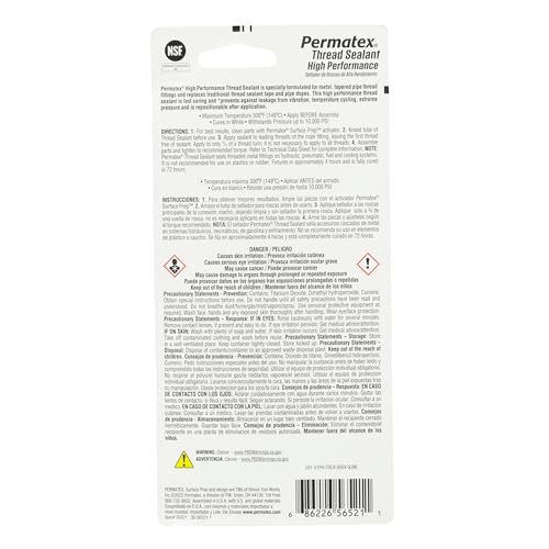 Permatex 56521 High Performance Thread Sealant, 50 ml, White - size: 50 ml, style: High Performance Thread Sealant