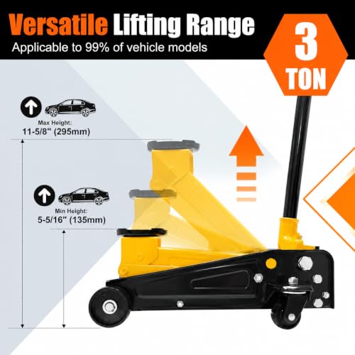 Jack Boss 3 Ton Low Profile, Steel Racing Floor Jack with Dual Pistons Quick Lift Pump for Sport Utility Vehicle, Lifting Range 3-15/16" min to 18-5/16" max, Net Weight 58.5 lb, Red - size: 3T