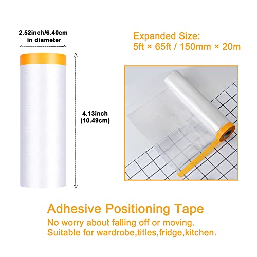 Muf 5 x 65 Feet Plastic Drop Cloth Plastic Sheeting with Masking Tape,Waterproof Protective Masking Film,Prevent Dust Paint for Car,Furniture,Carpet,Floor,1 Pack - size: 5 × 65 feet