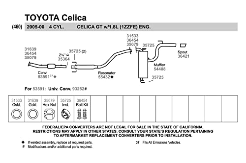Walker 55432 Direct Fit Exhaust Resonator and Pipe Assembly 2.125" Inlet (ID) for Toyota Celica