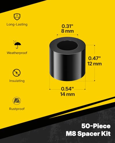Vibit 50 Pcs M8 Nylon Spacers for Screws, ID 8 mm & OD 14 mm, 12 mm Length, Non-Threaded Plastic Spacers Round Spacers for M8 Screws, Electrical Outlet Spacers, Screw Spacers for Circuit Board, Black - size: M8,50PCS