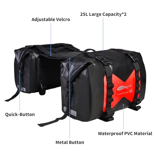 Waterproof Motorcycle Saddlebags - 50L Motorcycle Luggage Bags for Motorbike Travel - Motorcycle Panniers Bags - Detachable Bag for Scooter, Honda, Suzuki, Yamaha (Red, 2 Pack) - color: Red, size: 50L