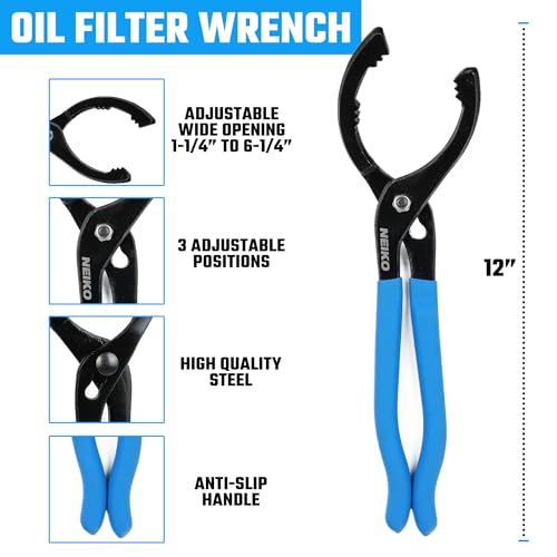 NEIKO 03422A 오일 필터 렌치, 30.5cm(12인치) 조절 가능한 오일 필터 플라이어, 3가지 조절 가능한 위치, 6.4cm(2-3/8인치)에서 11.4cm(4-1/2인치)에 적합, 오일 교환 도구, 필터 제거 도구 - style: 30.5cm(12인치) 오일 필터 렌치