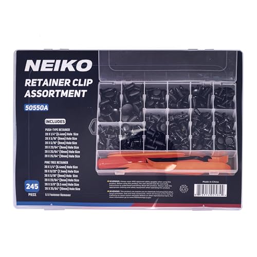 NEIKO 50550A Retainer Clips Assortment, 245pc Automotive Fasteners, Car Bumper Clip for Fender Liner, Door Panel Plastic Clips, Plastic Rivets, Trim Removal Pry Bar Tool, GM, Toyota, Ford, Honda - style: Retainer Clip Kit