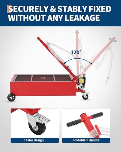 25 Gallon Low Profile Oil Drain Pan with 110V Electric Pump, Large Capacity Rolling Oil Change Tank, 8.2ft Discharge Hose & Folding Handle for Trucks, Buses, RVs and Cars - color: Red, size: 25 Gallon with 110V Electric Pump