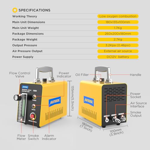 AUTOOL Smoke Machine Automotive Leak Detector,0-0.46PSI Evap Vacuum Smoke Diagnostic Tester,Pipeline Fuel Leakage Detector Compatible with 12V Vehicles