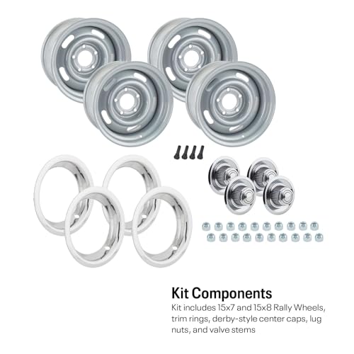 GM Style Rally Wheel Kit, 15x7 and 15x8 Silver Steel Wheels, Set of 4