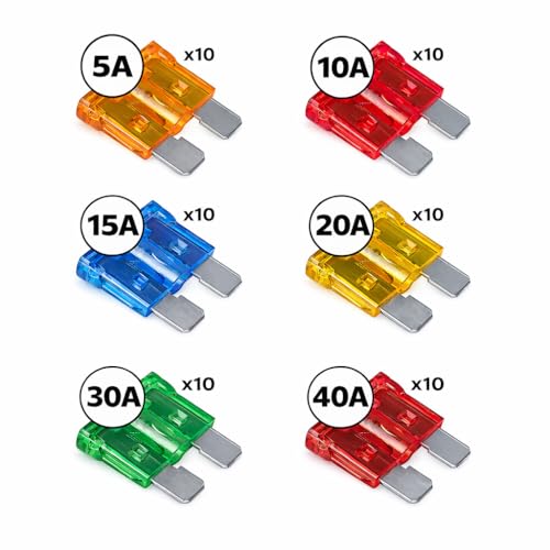 MGI SpeedWare 60pcs Blade Fuse Assortment, 5A 10A 15A 20A 30A 40A, ATO/ATC 12vDC Automotive Protection (Without LED Indicator) - style: Without LED Indicator