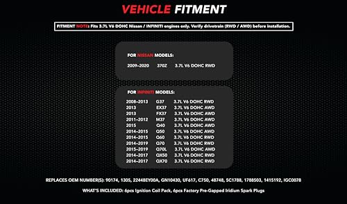 DRAGON FIRE Performance 파워 팩 점화 코일 및 이리듐 스파크 플러그 키트 2008-2019 인피니티 FX37, FX50, G37, M37, M56, Q40, Q50, Q60, Q70, QX50, QX70 3.7L OEM 핏 키트-1605와 호환