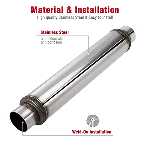 Upower 2.5 Inch Inlet Exhaust Muffler 2 1/2" Resonator Muffler 3.5" Round 18" Body Length 22" Overall Length Stainless Moderate Sound Universal Exhaust Resonator