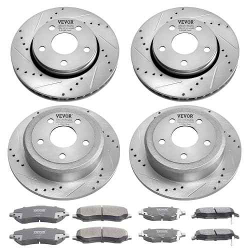 VEVOR Front and Rear Brake Kit Compatible with 2007-2017 Jeep Wrangler, Drilled and Slotted Brake Rotors Ceramic Brake Pads Replacement, 11.9" Front Rotors 12.4" Rear - size: S-53040 + S-53041