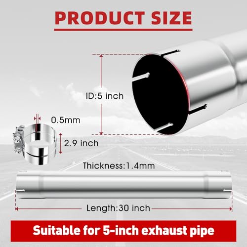 LCGP 5 Inch Straight Exhaust Pipe, 5" Stainless Steel Straight Muffler Replacement Pipe, 30" Length Mandrel Exhaust Tube with Two Lap Joint Band Clamps(New Version) - size: 5 Inch with Two Clamps