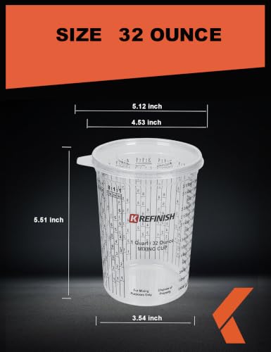 KREFINISH 32 OZ Paint Mixing Cups Graduated Disposable Clear Plastic Epoxy Measuring Cups (Box of 24 Cups & 4 Lids) Use for Automotive Painting, Resin, Acrylic, Arts, Pigments, Kitchen - Mixing Ratios - size: 32 Ounce