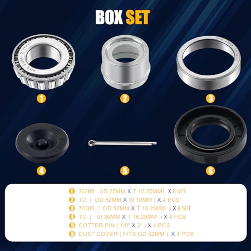 XiKe 25mm Axles 30205 Trailer Bearings Wheel Hub Kit, 4 Sets - size: 30205 + Seal ID 1.18, style: Pack 4 Set