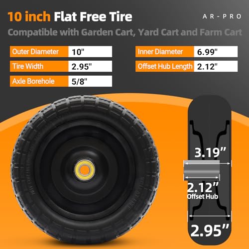 AR-PRO (2-Pack) 10" Flat Free Solid Tire and Wheel - with 5/8" Axle Bore Hole, 2.1" Offset Hub for 10 Inch Wheelbarrow Wheels - Compatible with Garden Cart,Trolleys,Hand Trucks and Yard Trailers - size: 10" Solid Tire (2-Wheel)