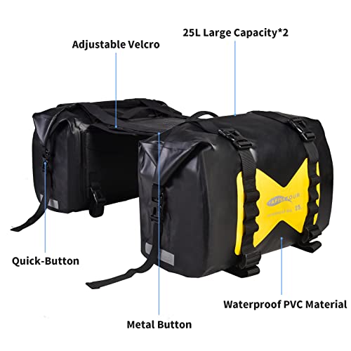 Waterproof Motorcycle Saddlebags - 50L Motorcycle Luggage Bags for Motorbike Travel - Detachable Panniers - Scooter, Honda, Suzuki, Yamaha (Yellow, 2 Pack) - color: Yellow, size: 50L