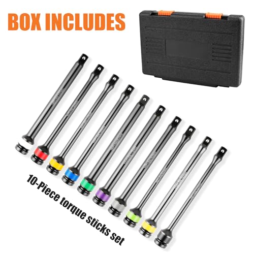 Torque Limiting Extension Bar Kit, 10 Piece 1/2" Drive Torque Wrench Set with Color-Coded Torque Sticks (65-150 Ft-Lbs), Compatible with 1/2" Drive Tools for Lug Nuts, Automotive Repair