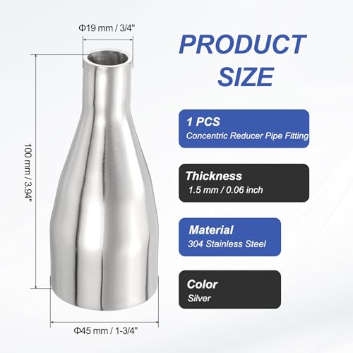 PATIKIL Concentric Reducer Pipe Fitting, 1-3/4"(45mm) to 3/4"(19mm) OD 304 Stainless Steel Butt Weld Tube Long Reducer Exhaust Pipe for Food Beverage HVAC Plumbing, Silver - size: 1-3/4" to 3/4" OD