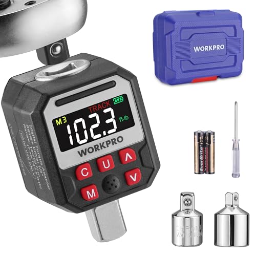WORKPRO 1/2" Drive Digital Torque Adapter, 7.38-147.5 ft-lb (10-200 Nm), Electronic Torque Wrench Adapter with Buzzer Alert, 1/4" & 3/8" Adapters, Batteries & Case Included