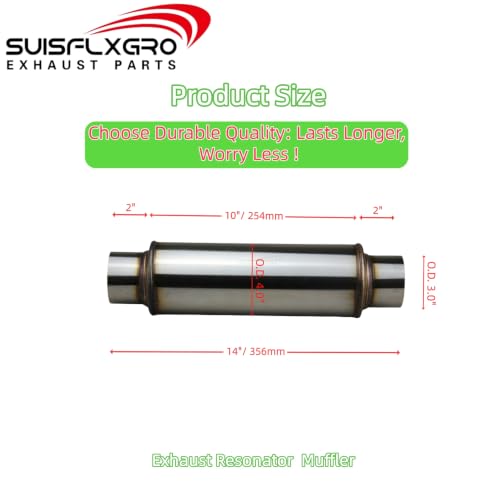Exhaust Resonator, Straight Gasflow Design, Quiet and Deep Sound Muffler, Made of 100% Stainless (3.0X10/14) - size: 3.0X10/14