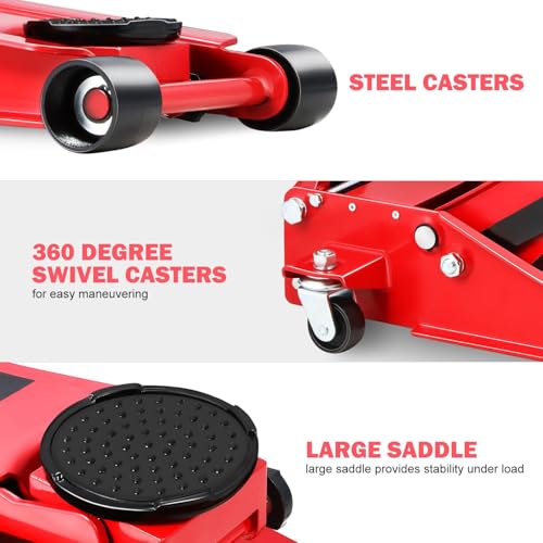 DNA Motoring Low Profile Hydraulic Trolley Service/Floor Jack, 3 Ton (6000 lbs) Capacity Heavy Duty Hydraulic Car Jack, Lifting Range 3"-20", TOOLS-00475-RD - color: Black/Red, style: 3 ton