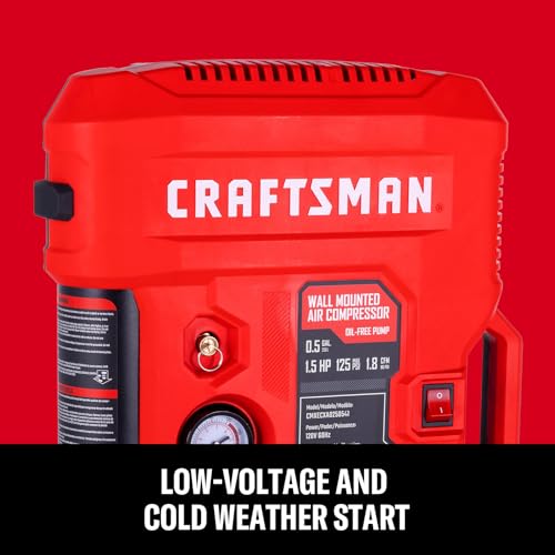 CRAFTSMAN Wall Mount Air Compressor With 8 PCS Accessory Kit, Tire Inflator Portable & Quiet Air Compressor with Retractable 30ft Air Hose, Mini Tank 125 PSI MAX Pressure & 1.5 HP for Garage and Home
