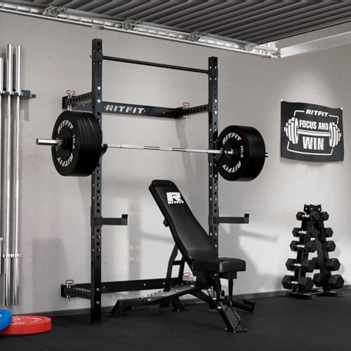 RitFit 2.36'' x 2.36'' Folding Squat Rack for Home Gym, Wall Mounted Squat Rack with Attachments - Space Saving Squat Power Rack - color: Black, style: Folding Squat Rack