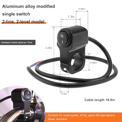2 PCS Motorcycle Handlebar Switch, 12V Waterproof Handlebar Light Switch with On-Off Push Button, Aluminum Alloy Toggle Switches for ATV UTV Scooters with 7/8"(22mm) Handlebars (2 PCS) - color: 2 PCS