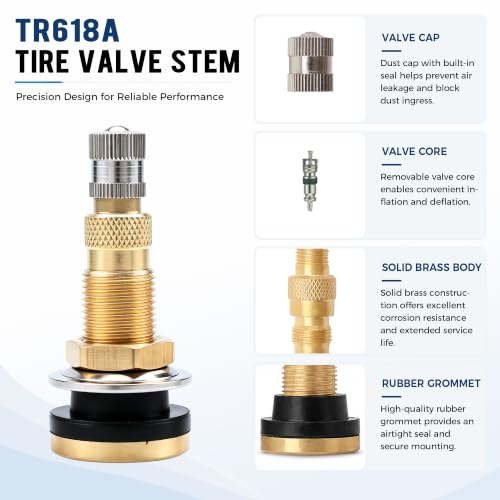TR618A Valve Stem Clamp-in Tubeless Brass Air Liquid Tire Valve Stem for Tractor Grader Backhoe Applications Industrial Agricultural Tires (10 PCS) - size: TR618