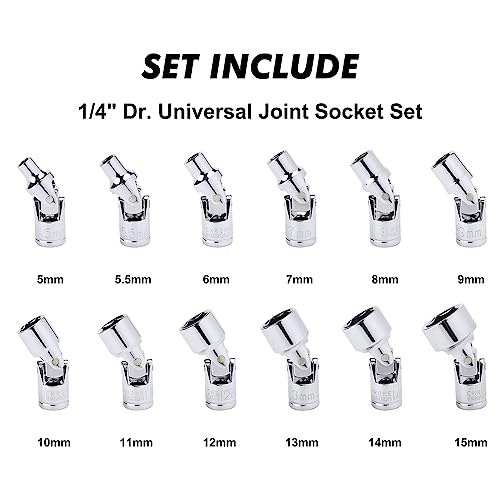CASOMAN 12PCS 1/4" Drive Universal Flex Socket Set, Metric, 5mm to 15mm, 6-Point, CR-V, Swivel Head, 360 Degree Access - size: 1/4"Dr. Metric