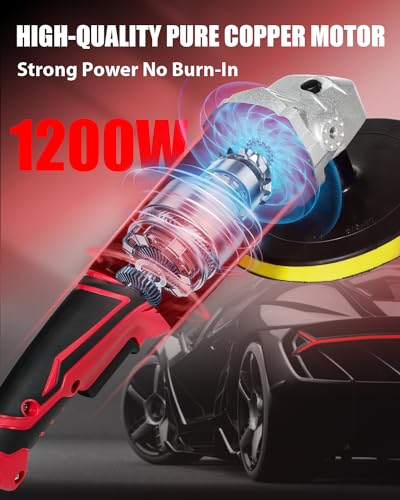 AVID POWER Car Rotary Buffer Polisher Waxer 1200W, 6 Speeds, Polishing Pads - color: Light Red