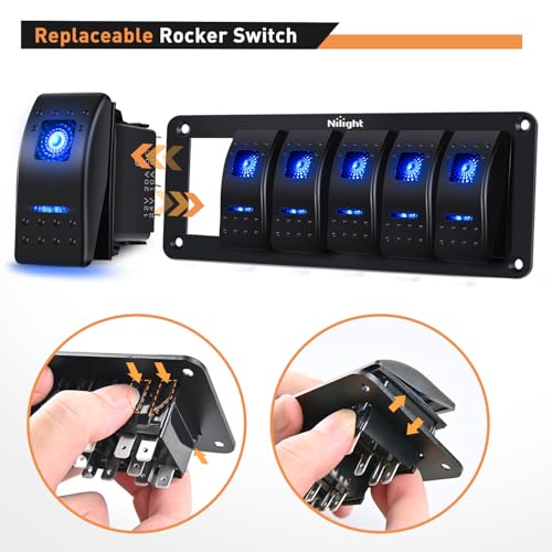 Nilight-90111F 6 Gang Aluminum Rocker Switch Panel Toggle Dash 5 Pin ON/Off Pre-Wired Rocker Switch Blue Backlit Switch for Automotive Car Marine Boat RV,2 Years Warranty - color: Blue, size: 6 Gang