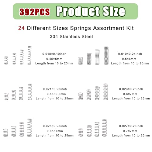392PCS Springs Assortment Kit 304 Stainless Steel Compression Springs kit - size: 392PCS (24 Sizes)